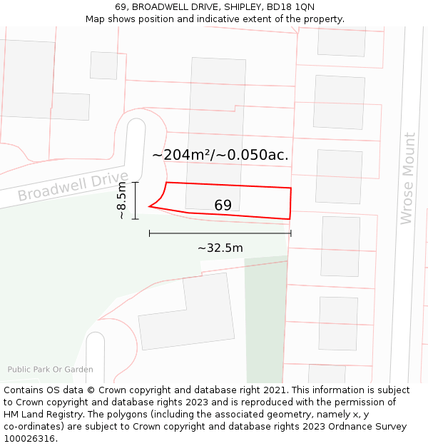 69, BROADWELL DRIVE, SHIPLEY, BD18 1QN: Plot and title map