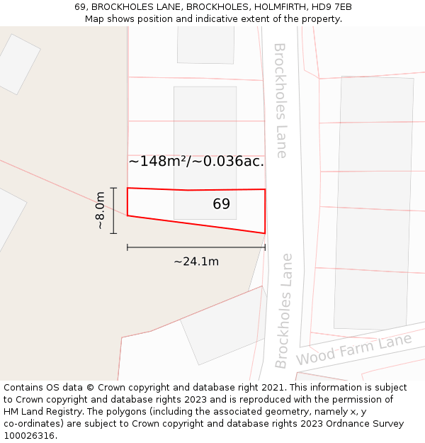 69, BROCKHOLES LANE, BROCKHOLES, HOLMFIRTH, HD9 7EB: Plot and title map