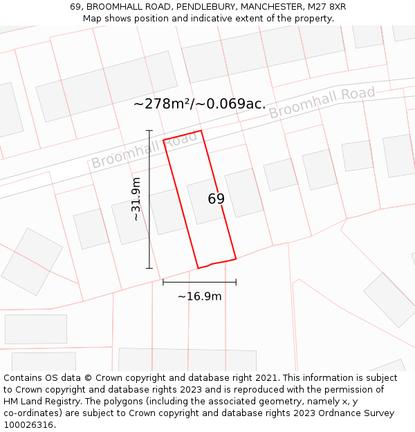 69, BROOMHALL ROAD, PENDLEBURY, MANCHESTER, M27 8XR: Plot and title map