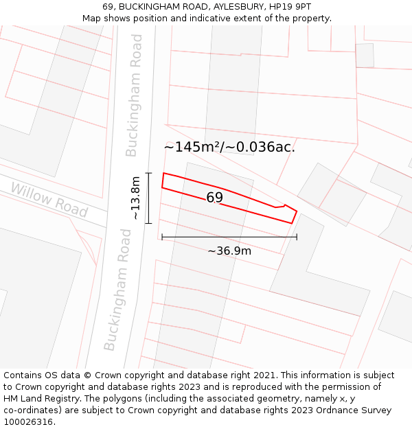 69, BUCKINGHAM ROAD, AYLESBURY, HP19 9PT: Plot and title map
