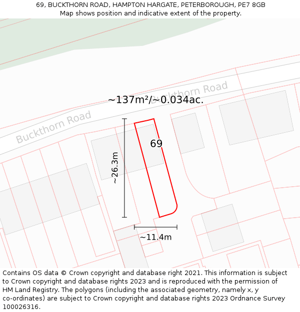 69, BUCKTHORN ROAD, HAMPTON HARGATE, PETERBOROUGH, PE7 8GB: Plot and title map