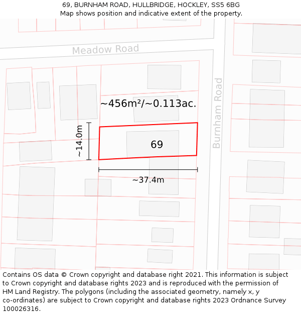 69, BURNHAM ROAD, HULLBRIDGE, HOCKLEY, SS5 6BG: Plot and title map