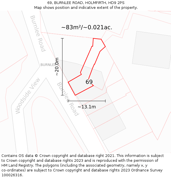 69, BURNLEE ROAD, HOLMFIRTH, HD9 2PS: Plot and title map