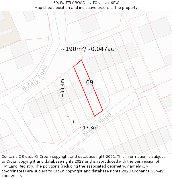 69, BUTELY ROAD, LUTON, LU4 9EW: Plot and title map
