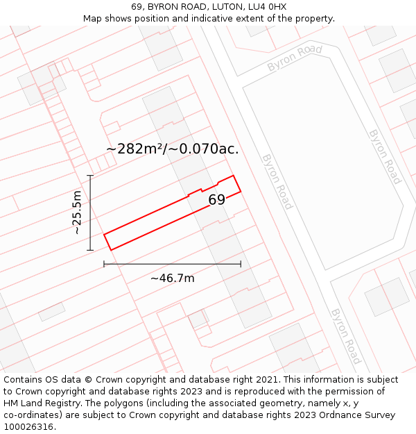 69, BYRON ROAD, LUTON, LU4 0HX: Plot and title map