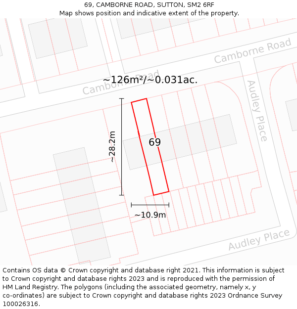 69, CAMBORNE ROAD, SUTTON, SM2 6RF: Plot and title map