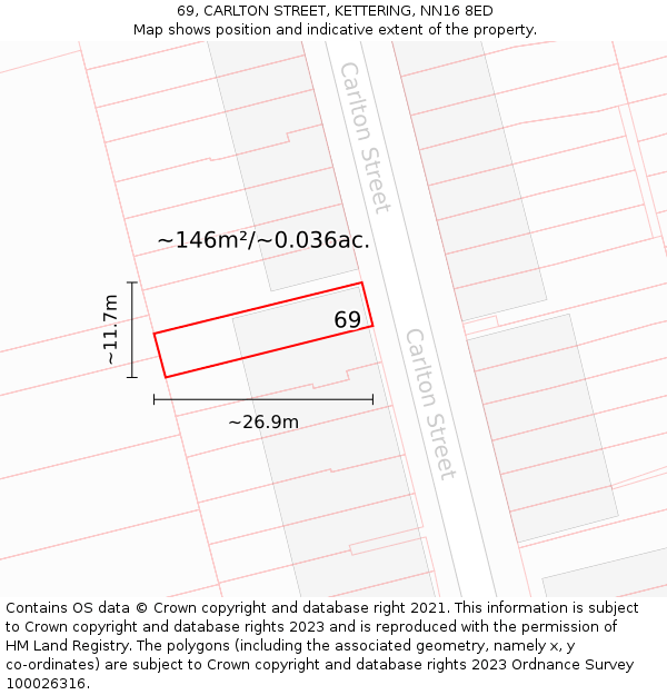 69, CARLTON STREET, KETTERING, NN16 8ED: Plot and title map
