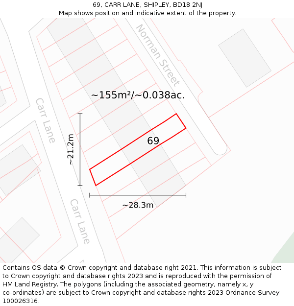69, CARR LANE, SHIPLEY, BD18 2NJ: Plot and title map
