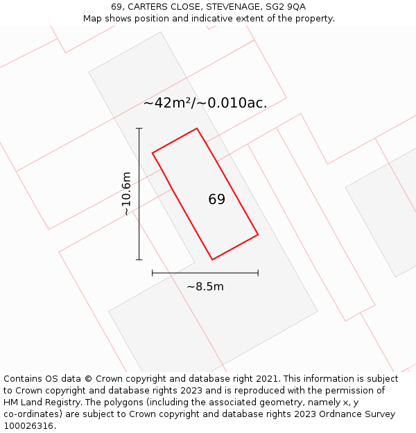 69, CARTERS CLOSE, STEVENAGE, SG2 9QA: Plot and title map