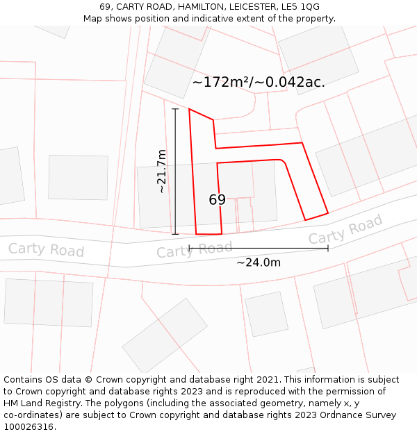 69, CARTY ROAD, HAMILTON, LEICESTER, LE5 1QG: Plot and title map