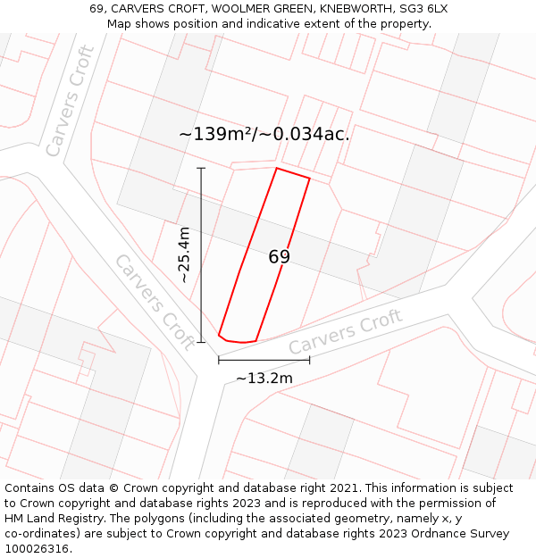 69, CARVERS CROFT, WOOLMER GREEN, KNEBWORTH, SG3 6LX: Plot and title map