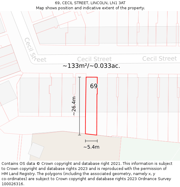 69, CECIL STREET, LINCOLN, LN1 3AT: Plot and title map