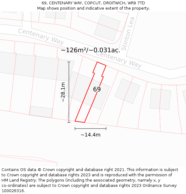 69, CENTENARY WAY, COPCUT, DROITWICH, WR9 7TD: Plot and title map