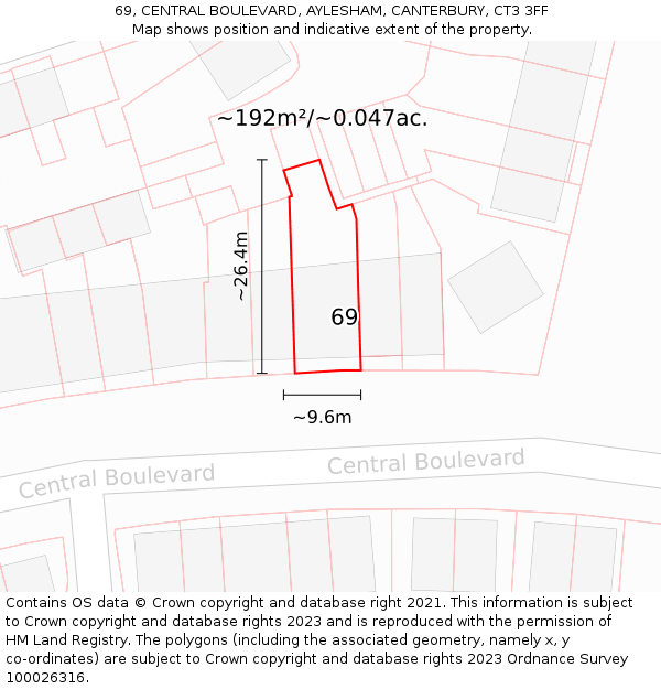 69, CENTRAL BOULEVARD, AYLESHAM, CANTERBURY, CT3 3FF: Plot and title map