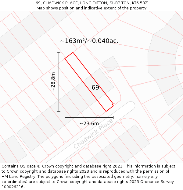 69, CHADWICK PLACE, LONG DITTON, SURBITON, KT6 5RZ: Plot and title map