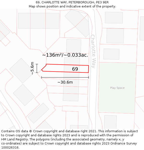 69, CHARLOTTE WAY, PETERBOROUGH, PE3 9ER: Plot and title map