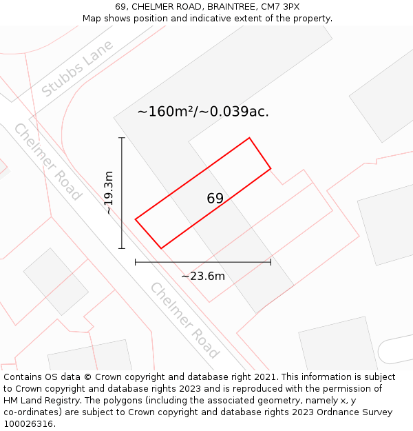 69, CHELMER ROAD, BRAINTREE, CM7 3PX: Plot and title map