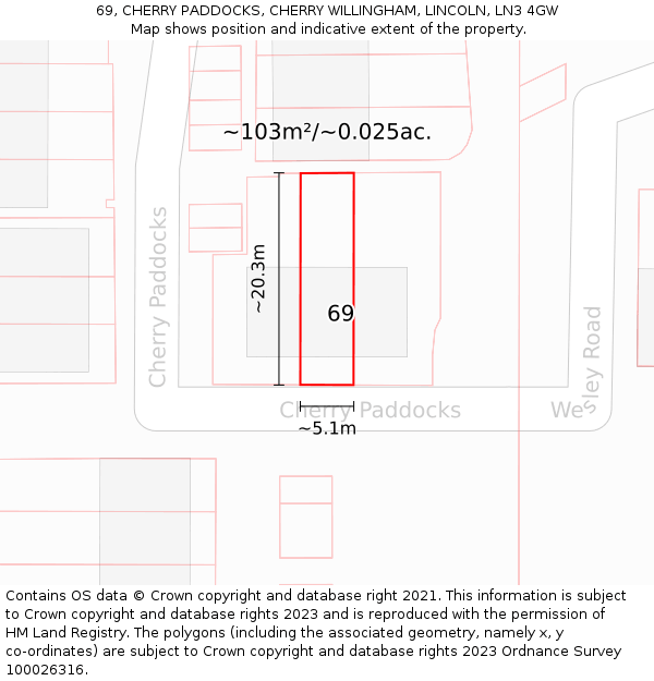 69, CHERRY PADDOCKS, CHERRY WILLINGHAM, LINCOLN, LN3 4GW: Plot and title map