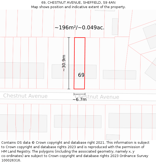 69, CHESTNUT AVENUE, SHEFFIELD, S9 4AN: Plot and title map