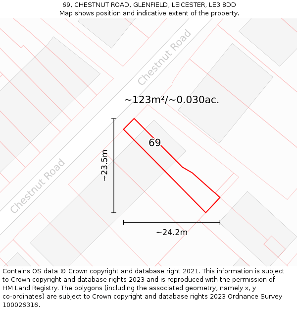 69, CHESTNUT ROAD, GLENFIELD, LEICESTER, LE3 8DD: Plot and title map