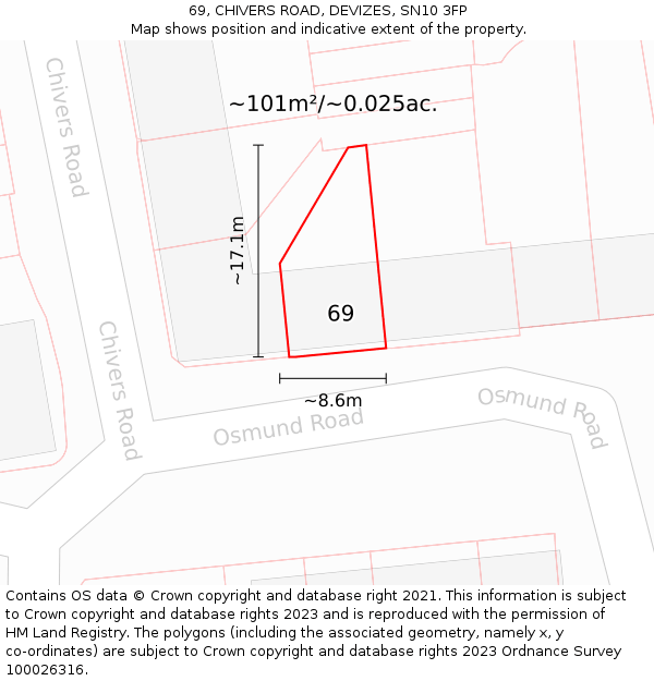 69, CHIVERS ROAD, DEVIZES, SN10 3FP: Plot and title map