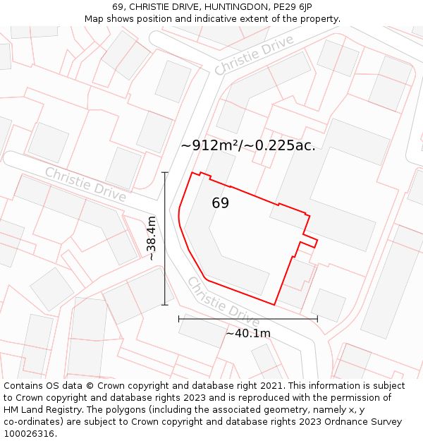 69, CHRISTIE DRIVE, HUNTINGDON, PE29 6JP: Plot and title map