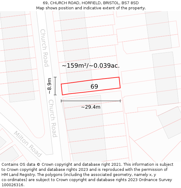69, CHURCH ROAD, HORFIELD, BRISTOL, BS7 8SD: Plot and title map