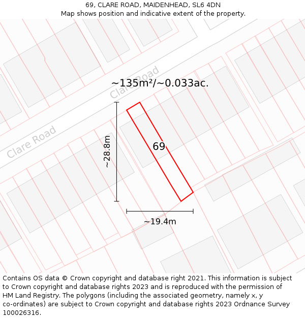 69, CLARE ROAD, MAIDENHEAD, SL6 4DN: Plot and title map