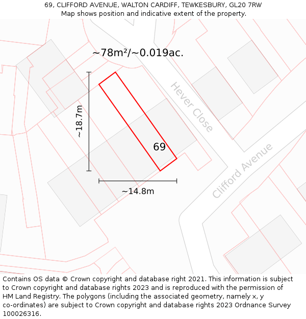 69, CLIFFORD AVENUE, WALTON CARDIFF, TEWKESBURY, GL20 7RW: Plot and title map