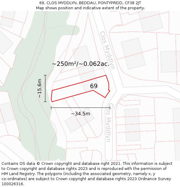 69, CLOS MYDDLYN, BEDDAU, PONTYPRIDD, CF38 2JT: Plot and title map