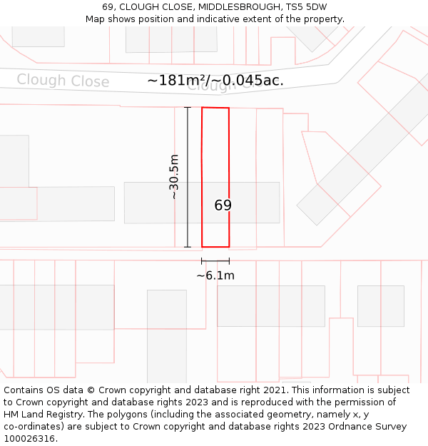 69, CLOUGH CLOSE, MIDDLESBROUGH, TS5 5DW: Plot and title map