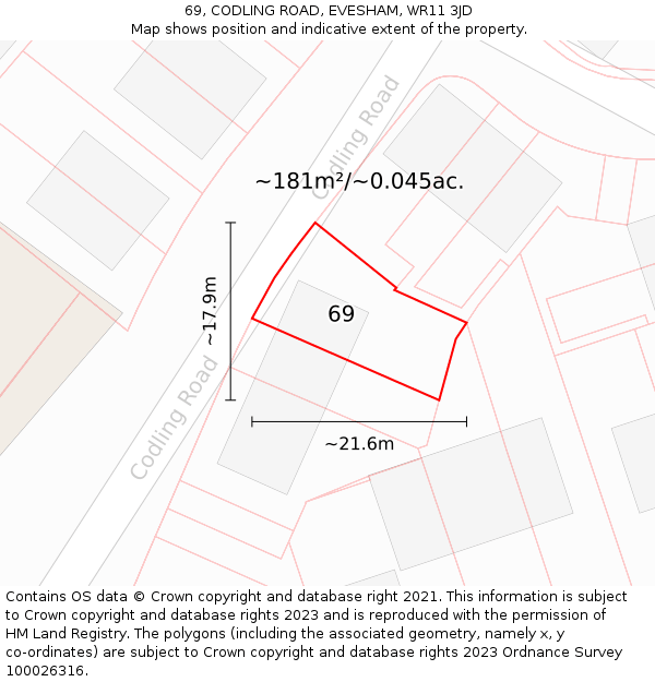69, CODLING ROAD, EVESHAM, WR11 3JD: Plot and title map