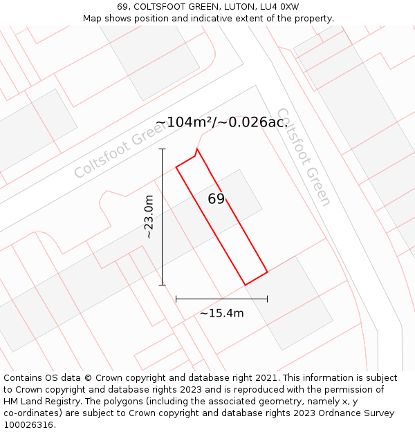 69, COLTSFOOT GREEN, LUTON, LU4 0XW: Plot and title map