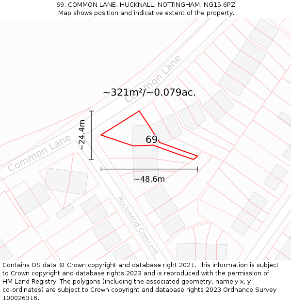 69, COMMON LANE, HUCKNALL, NOTTINGHAM, NG15 6PZ: Plot and title map