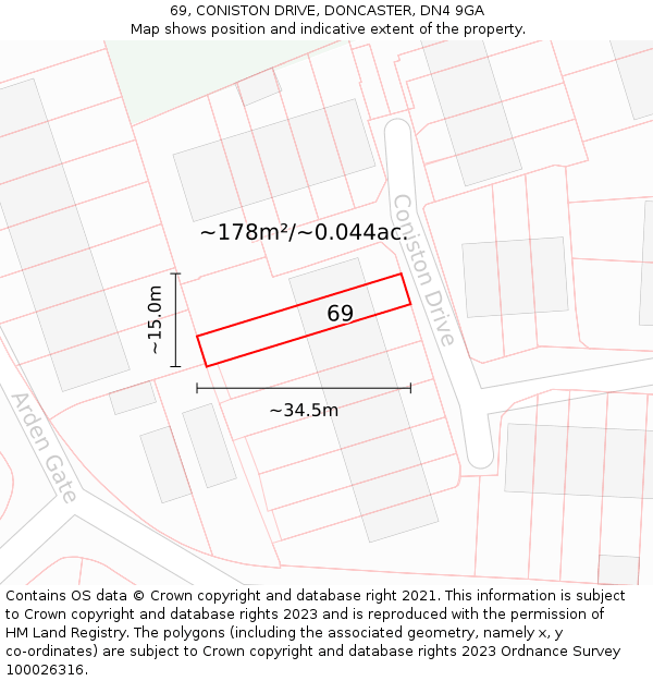69, CONISTON DRIVE, DONCASTER, DN4 9GA: Plot and title map