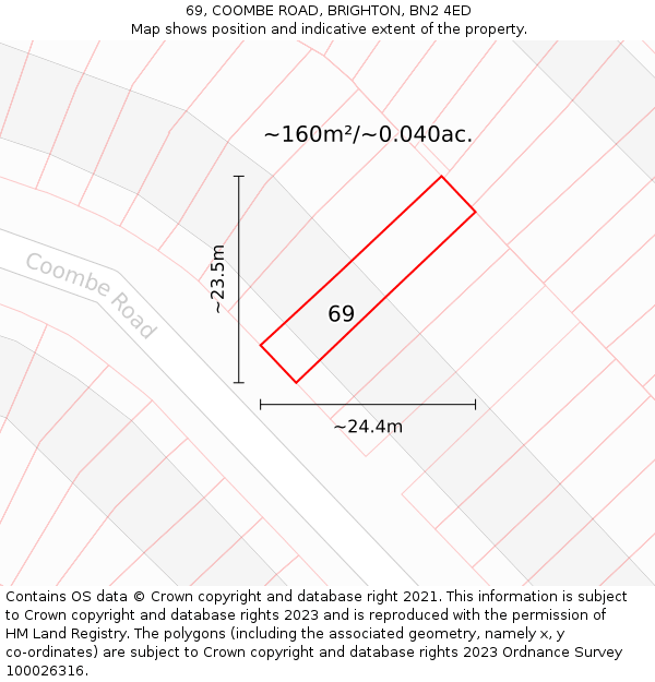 69, COOMBE ROAD, BRIGHTON, BN2 4ED: Plot and title map