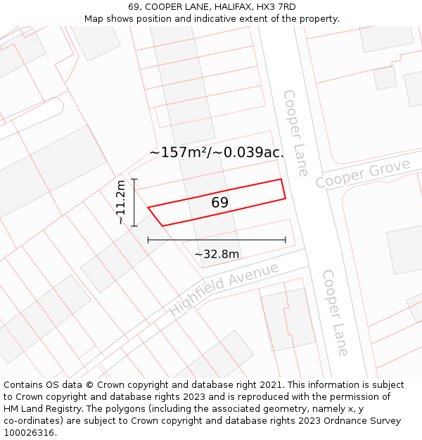 69, COOPER LANE, HALIFAX, HX3 7RD: Plot and title map