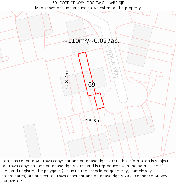 69, COPPICE WAY, DROITWICH, WR9 9JB: Plot and title map