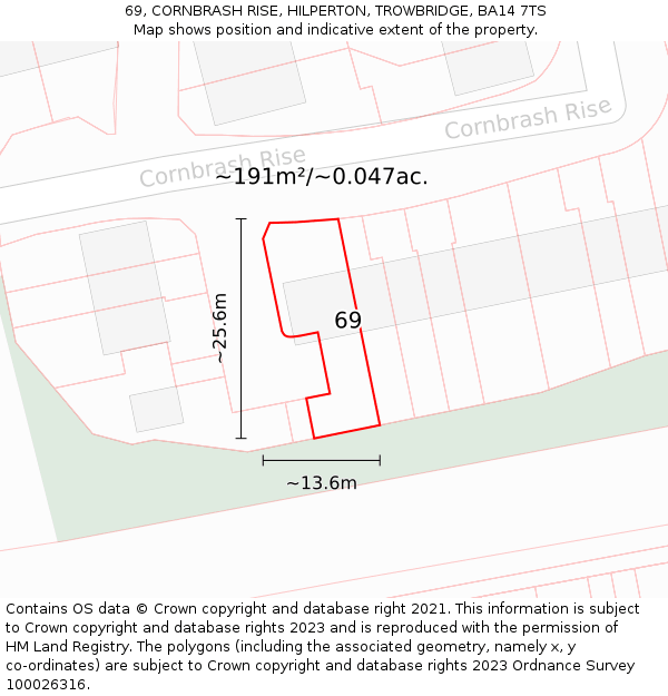 69, CORNBRASH RISE, HILPERTON, TROWBRIDGE, BA14 7TS: Plot and title map