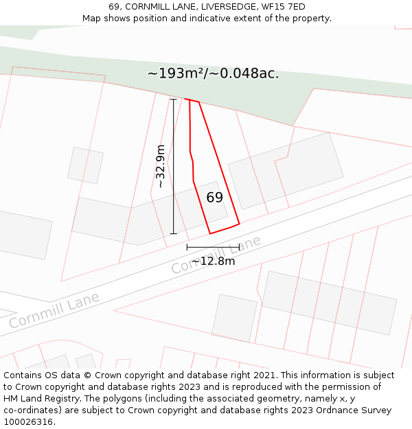 69, CORNMILL LANE, LIVERSEDGE, WF15 7ED: Plot and title map
