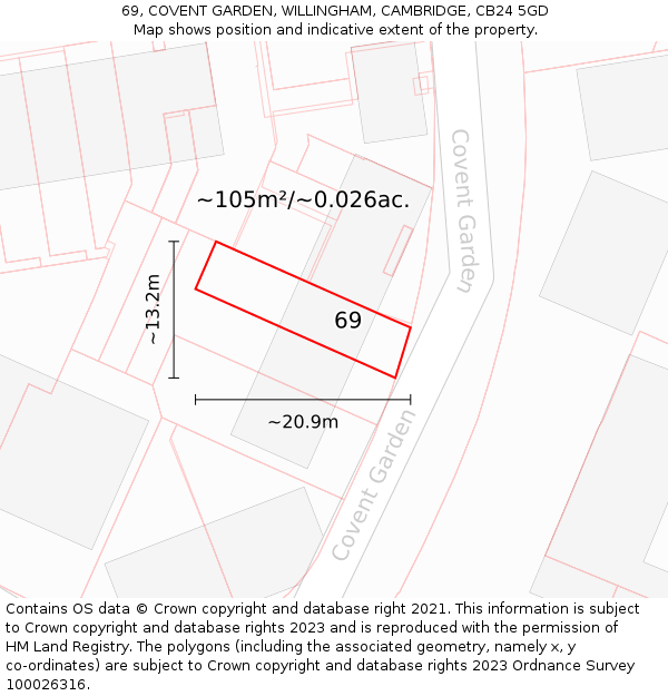 69, COVENT GARDEN, WILLINGHAM, CAMBRIDGE, CB24 5GD: Plot and title map