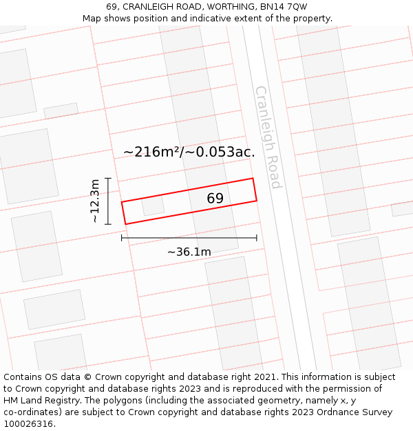 69, CRANLEIGH ROAD, WORTHING, BN14 7QW: Plot and title map
