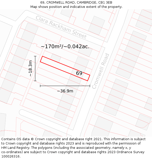 69, CROMWELL ROAD, CAMBRIDGE, CB1 3EB: Plot and title map
