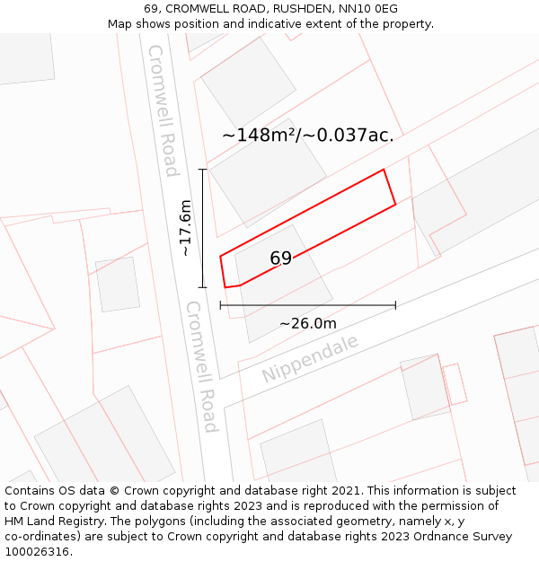 69, CROMWELL ROAD, RUSHDEN, NN10 0EG: Plot and title map
