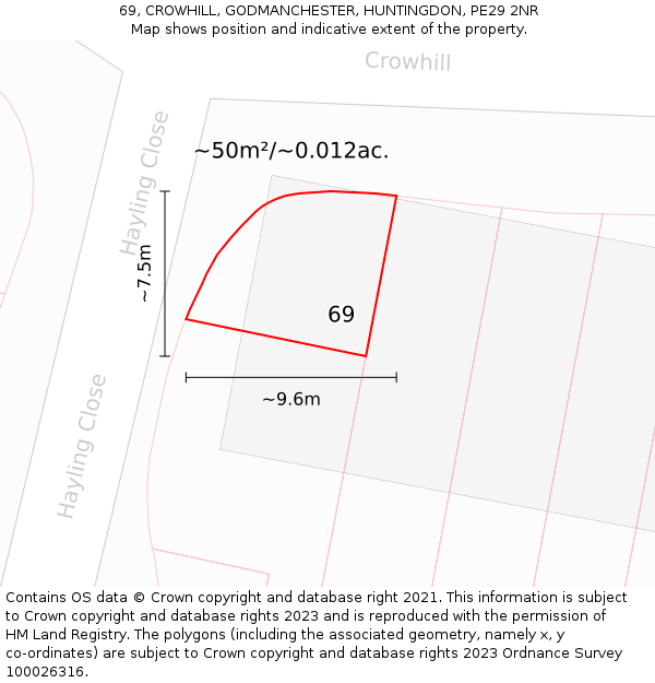 69, CROWHILL, GODMANCHESTER, HUNTINGDON, PE29 2NR: Plot and title map