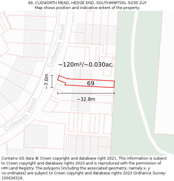 69, CUDWORTH MEAD, HEDGE END, SOUTHAMPTON, SO30 2UY: Plot and title map