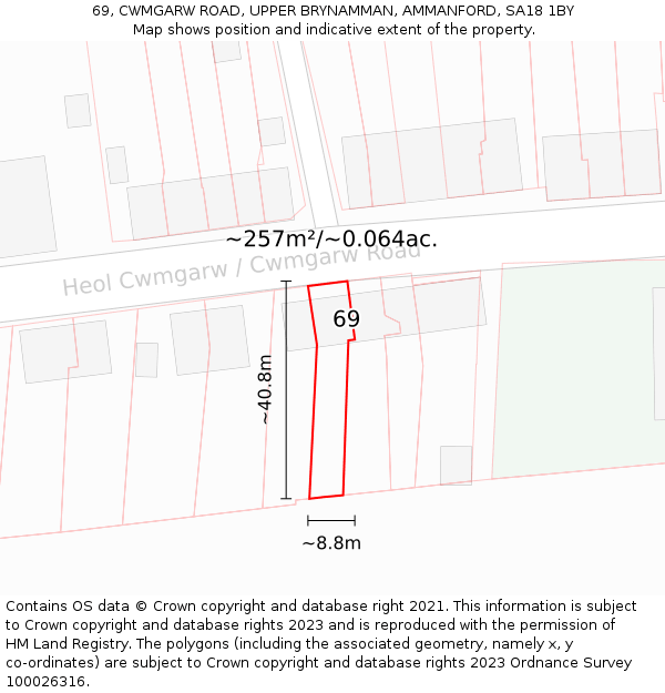 69, CWMGARW ROAD, UPPER BRYNAMMAN, AMMANFORD, SA18 1BY: Plot and title map
