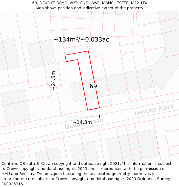 69, DEVOKE ROAD, WYTHENSHAWE, MANCHESTER, M22 1TX: Plot and title map