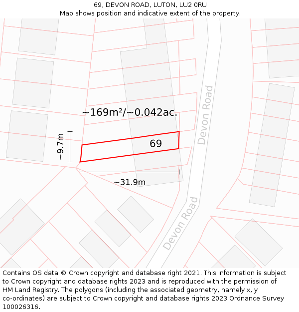 69, DEVON ROAD, LUTON, LU2 0RU: Plot and title map