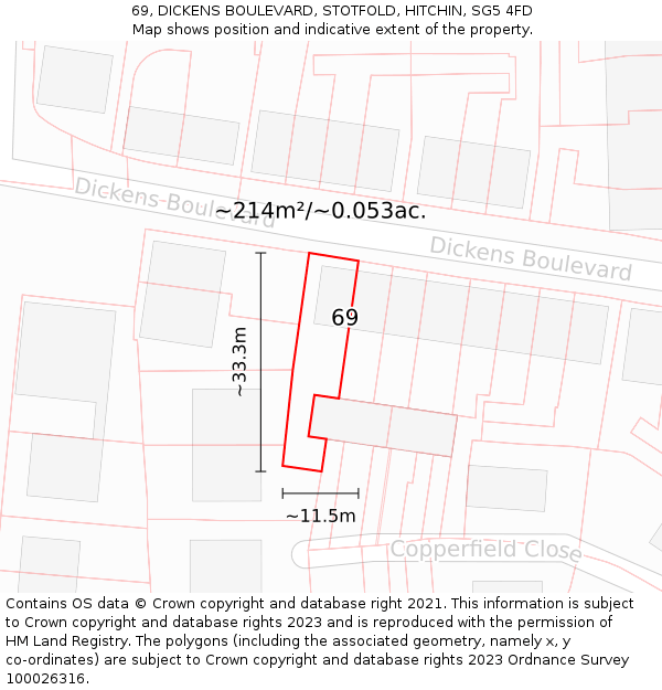 69, DICKENS BOULEVARD, STOTFOLD, HITCHIN, SG5 4FD: Plot and title map